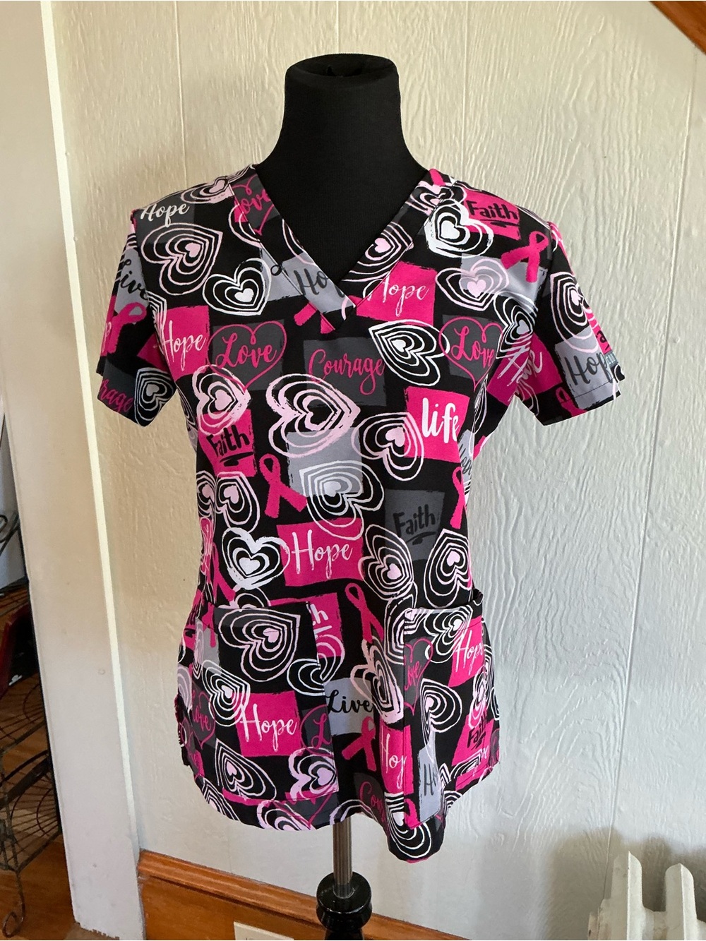 Women’s Pink & Black Hope Print V-Neck Medical Scrub Top